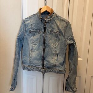 Guess Stretch Denim Moto Jacket - Zip Cuffs & Buckle Detail